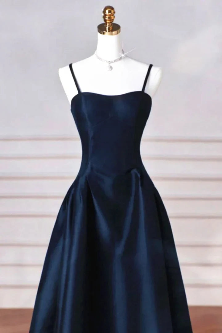 A-line Navy Blue Satin Straps Long Formal Dress Navy Blue Prom Dress