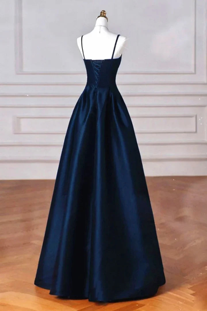 A-line Navy Blue Satin Straps Long Formal Dress Navy Blue Prom Dress