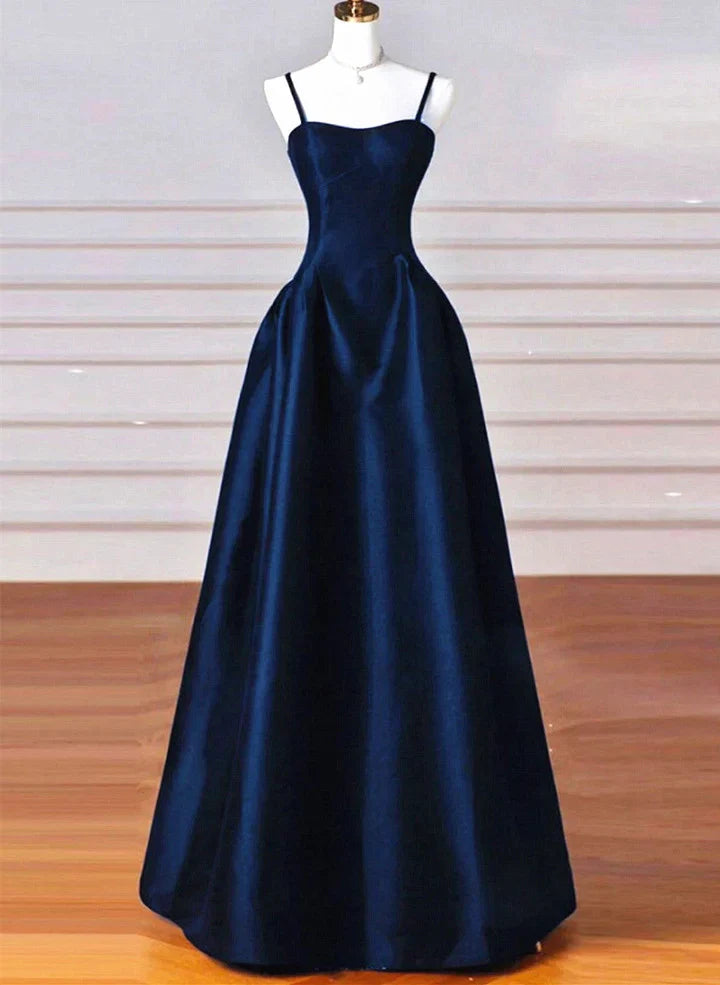 A-line Navy Blue Satin Straps Long Formal Dress Navy Blue Prom Dress