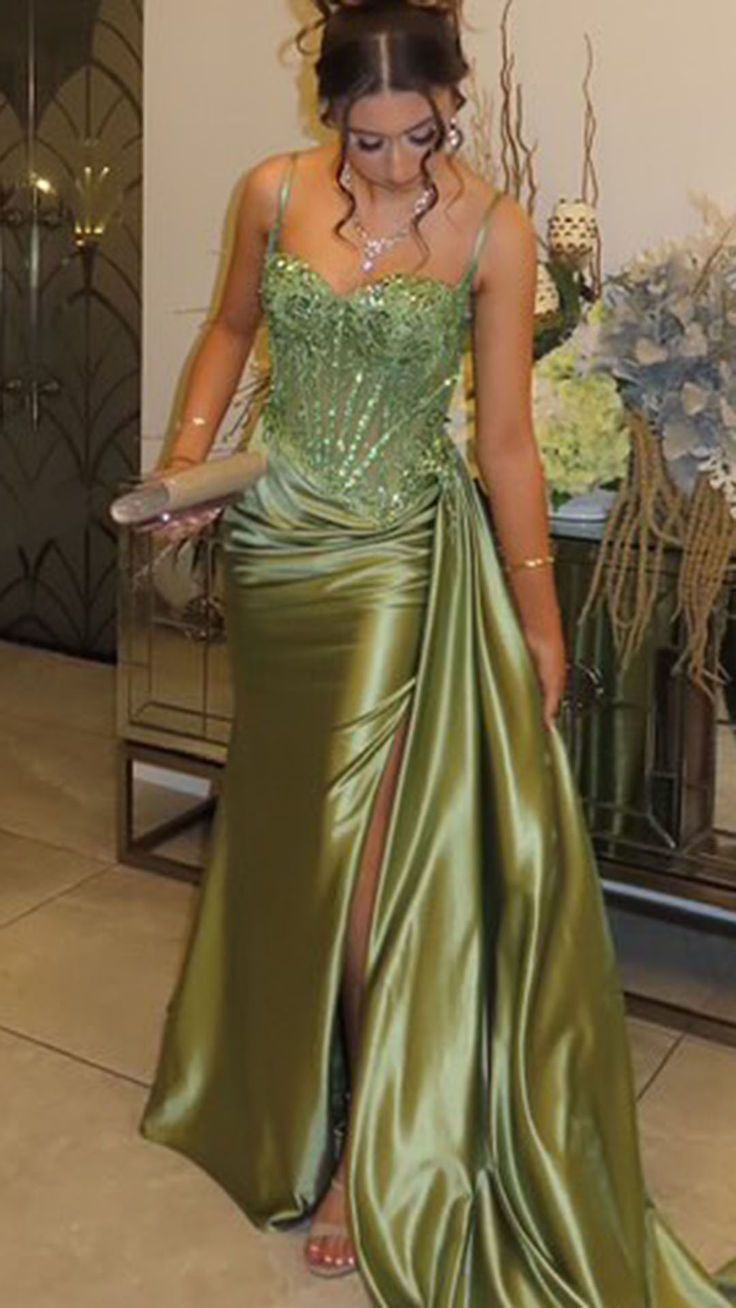 Elegant Spaghetti Straps Sage Green Satin Pleated Mermaid Evening Dress Slit Long Wedding Guest Dress D1255