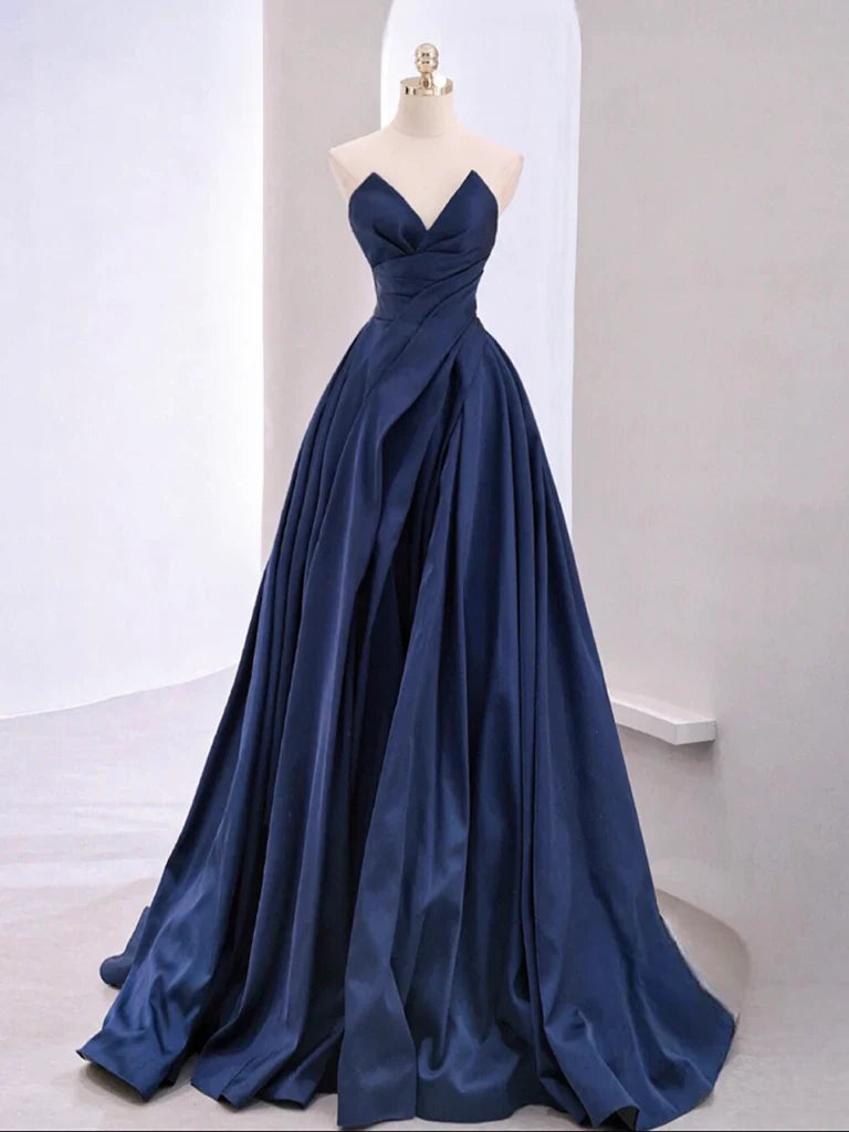 Vintage A-Line V Neck Satin Dark Blue Long Prom Dress, Blue Long Formal Dress
