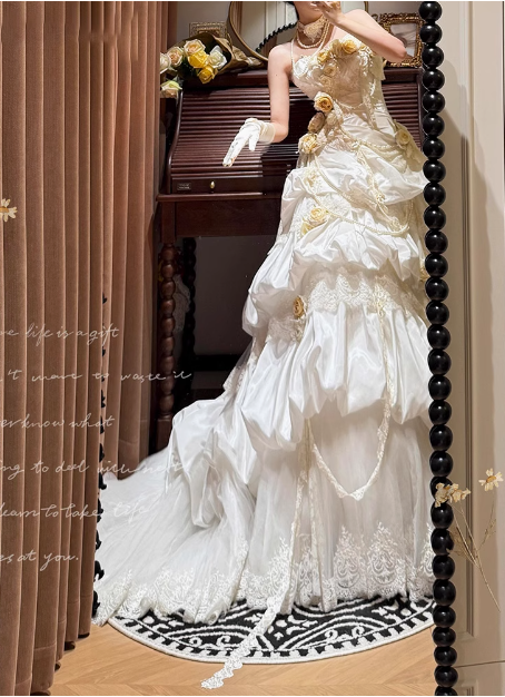 French retro corset 3D floral cake dress wedding gown
