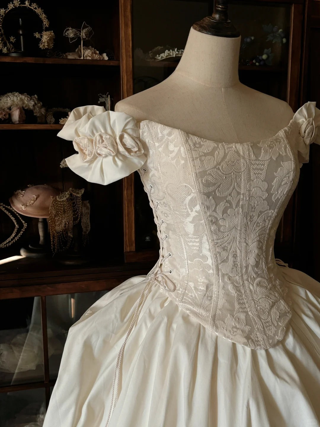 Elegant white one-shoulder 3D floral corset fluffy floor-length wedding dress