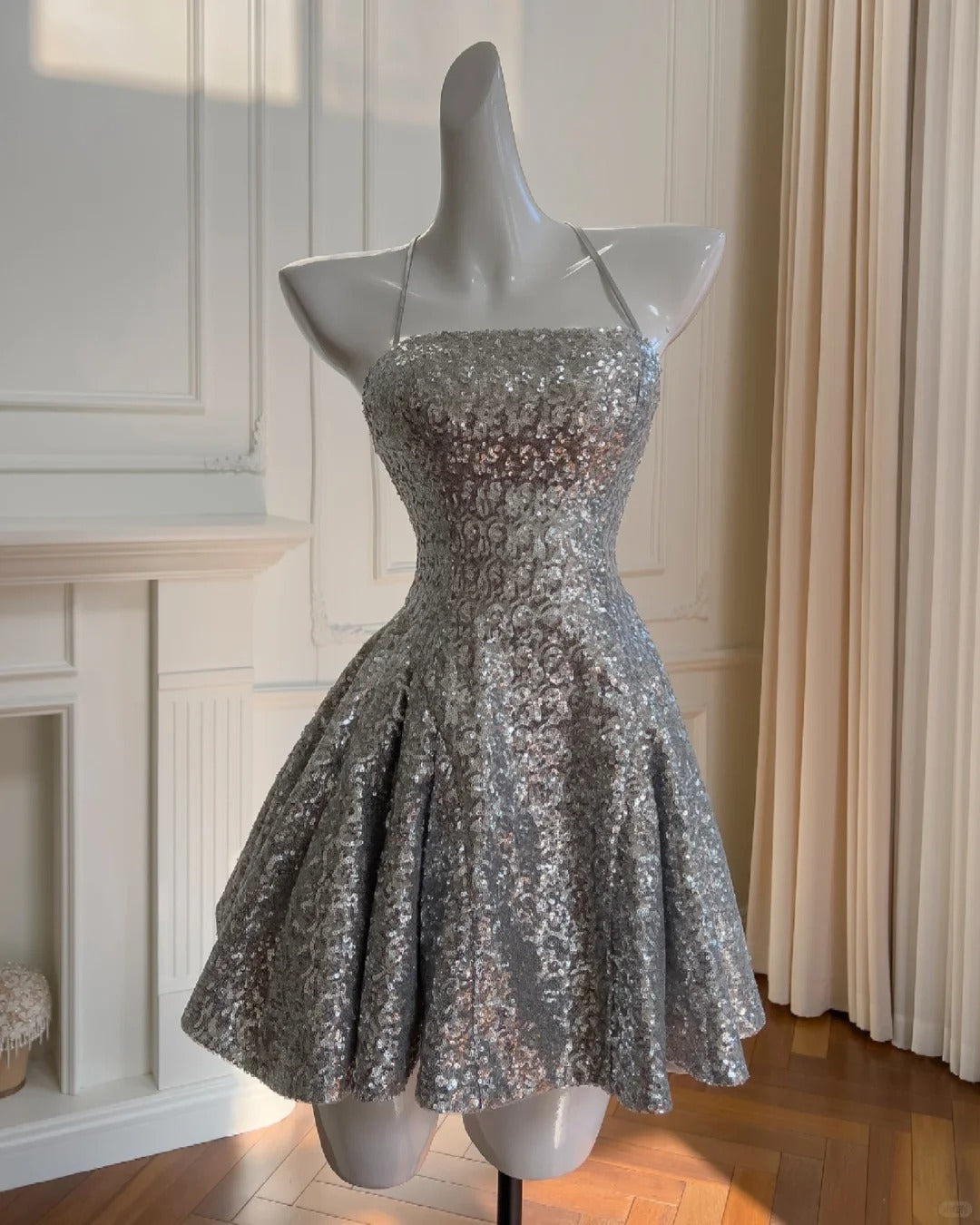 Shiny Silver Grey Sequin Halter Neck Tie Back Mini Birthday Party Homecoming Dress P3150
