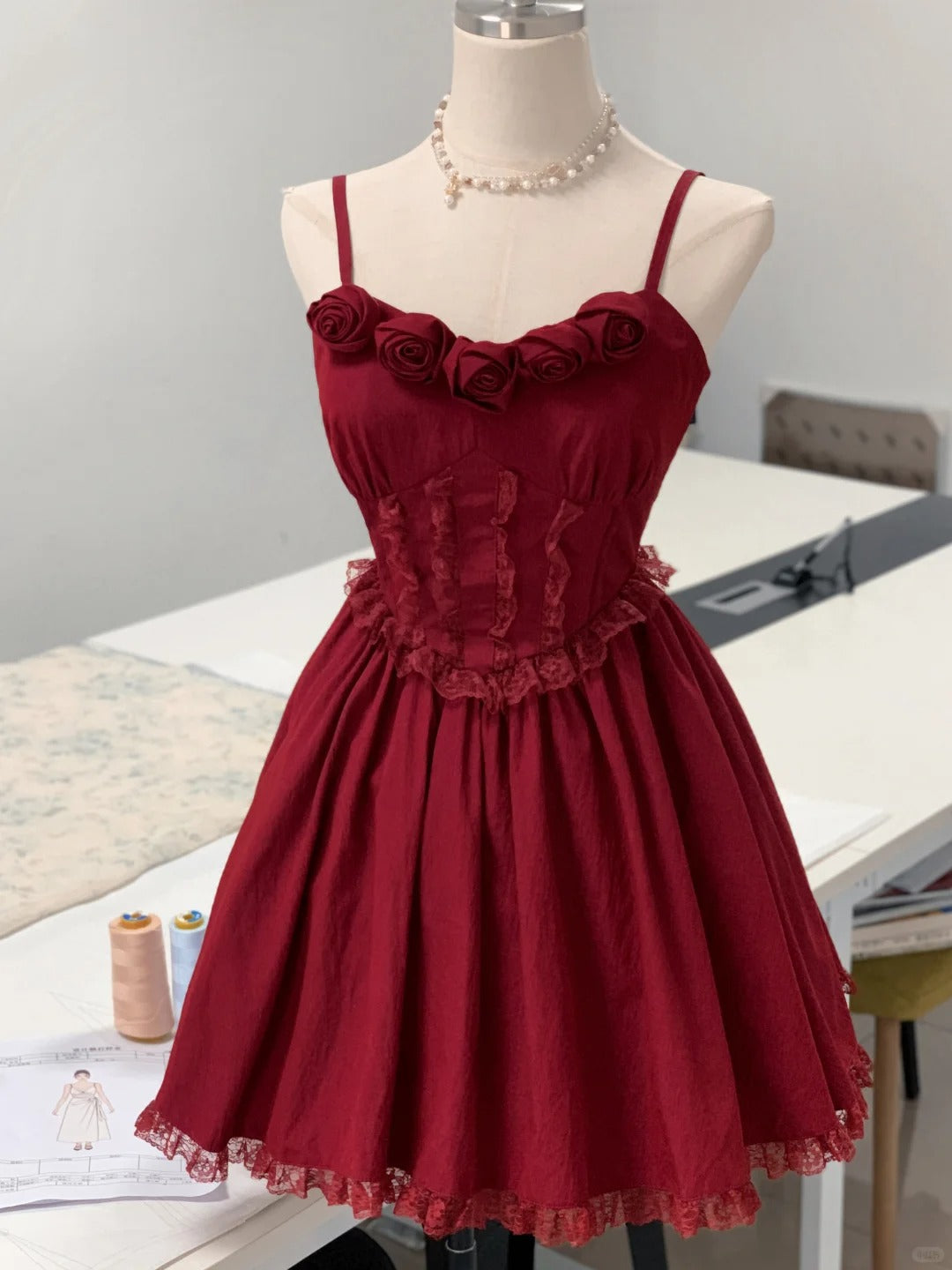 Beautiful red rose strap lace birthday party homecoming dress P3162