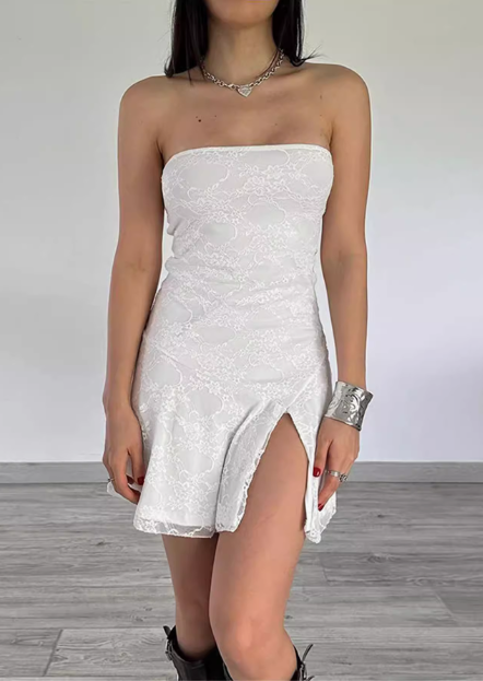 Sexy White Lace Tube Top Slim Fit Slit Birthday Party Homecoming Dress P3232