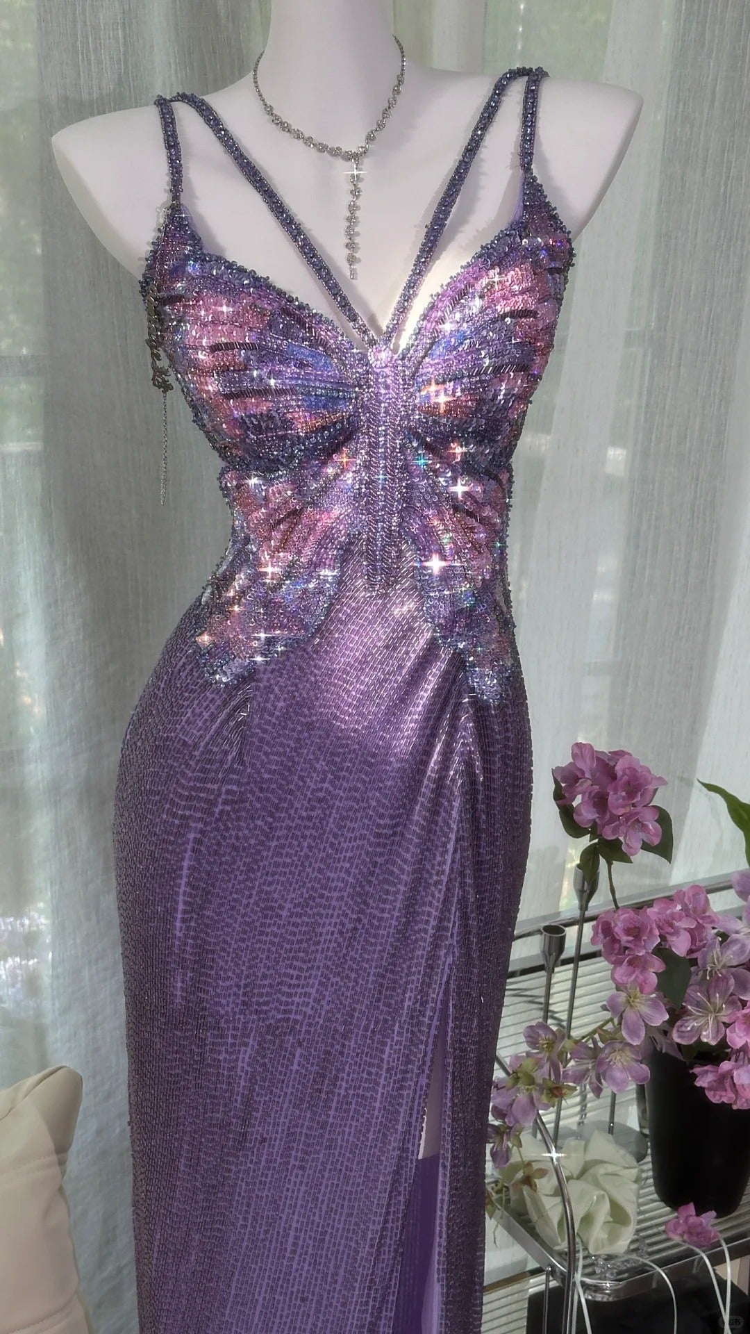 Vintage Purple Strap Chiffon Halter Back High Slit Beaded Evening Gown Prom Dress P3251