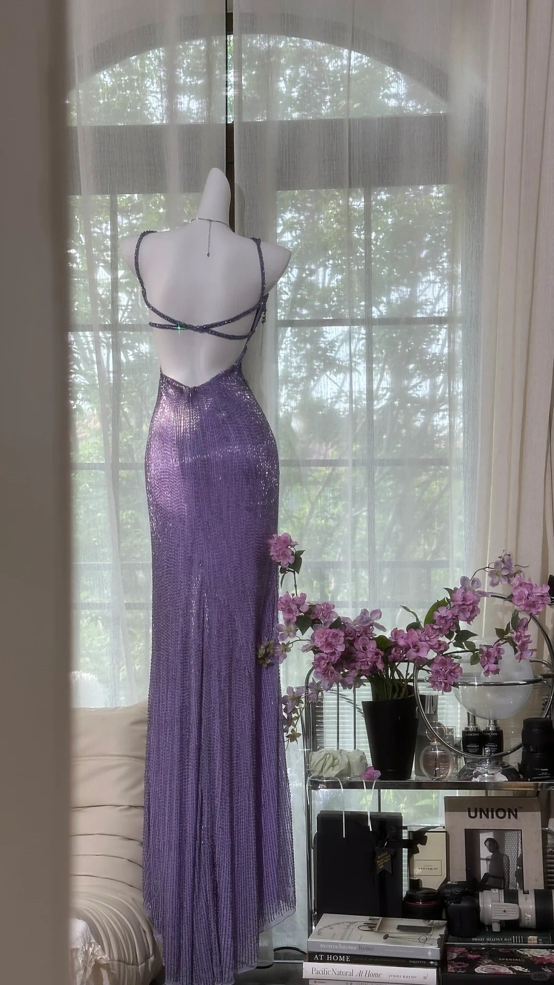 Vintage Purple Strap Chiffon Halter Back High Slit Beaded Evening Gown Prom Dress P3251