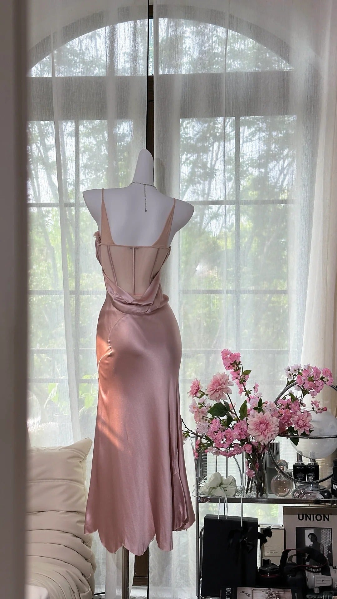 Gentle Pink Strap Satin Mermaid Evening Gown Prom Dress P3260