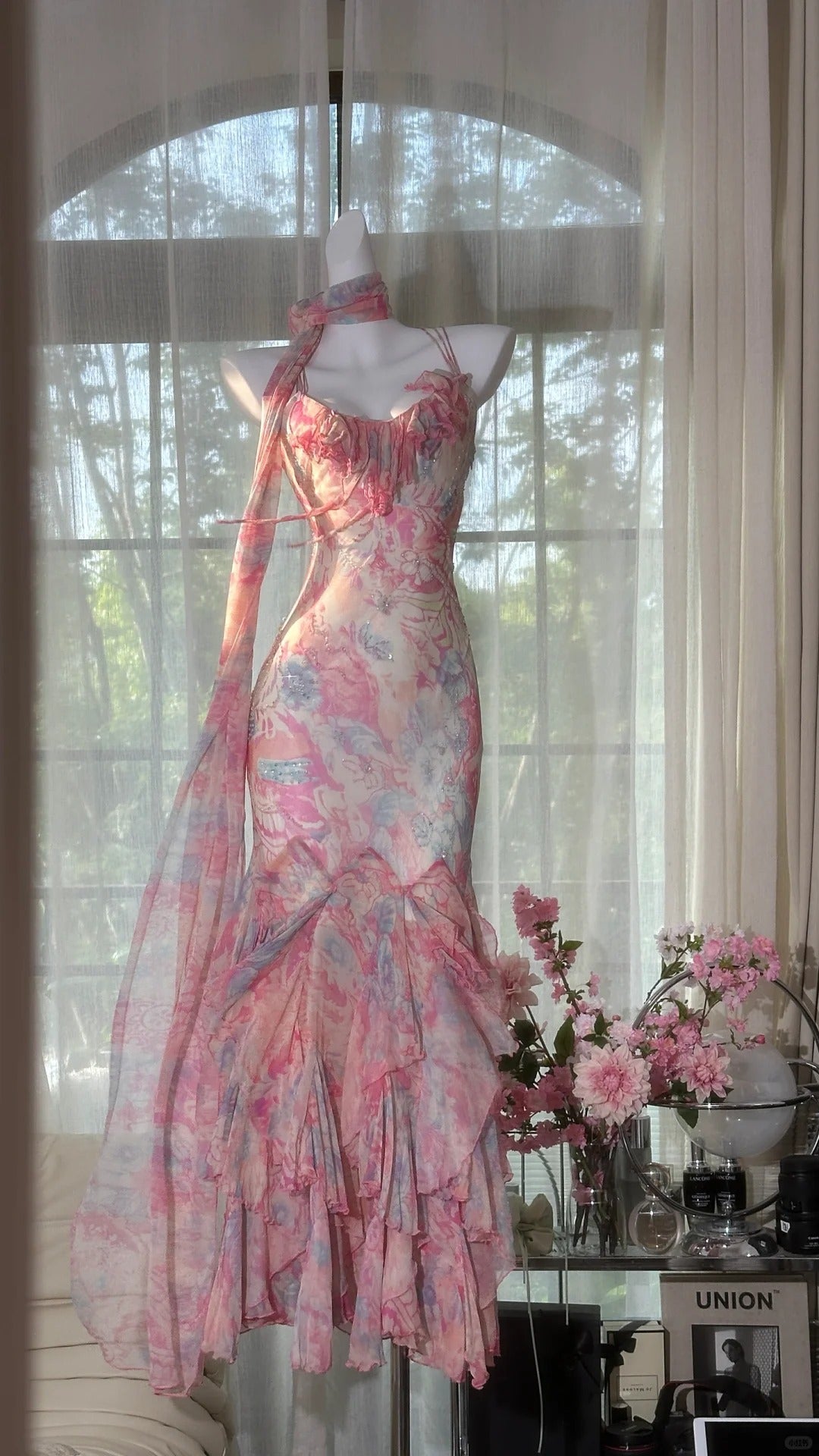 Flowy pink printed chiffon multi-layered skirt mermaid evening gown Prom Dress P3262