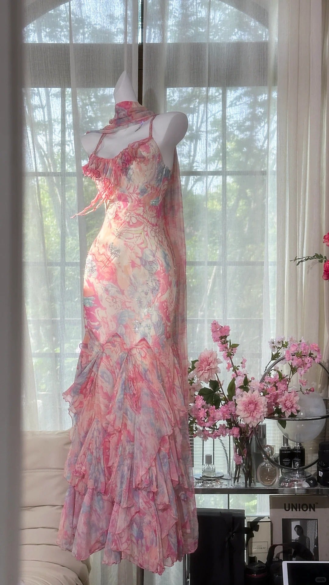 Flowy pink printed chiffon multi-layered skirt mermaid evening gown Prom Dress P3262