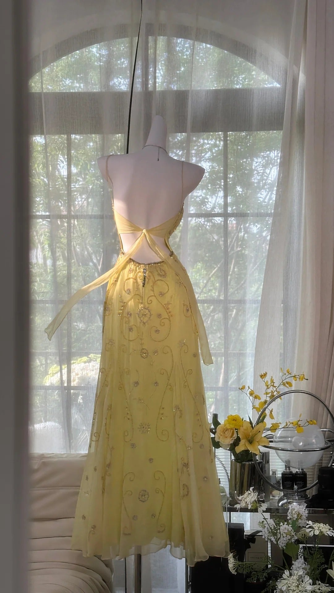 Flowy Yellow Spaghetti Strap Chiffon Beaded Mermaid Evening Gown Prom Dress P3272