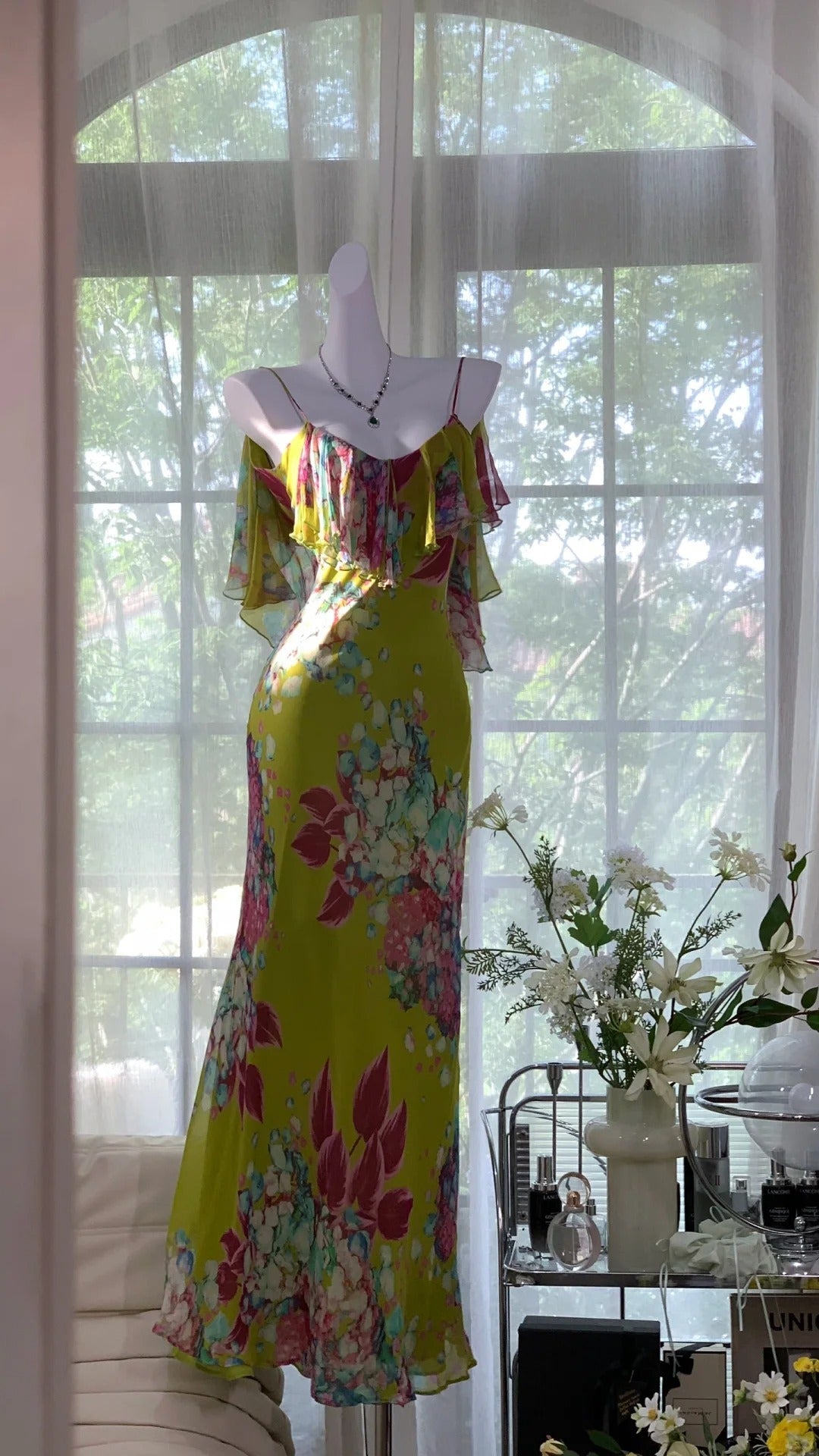 Vintage Oil Painting Green Printed Chiffon Mermaid Evening Gown Prom Dress P3273