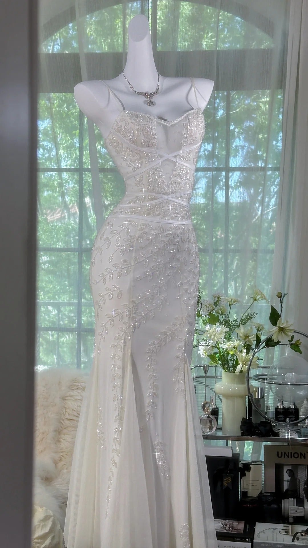 Elegant White Strap Beaded Chiffon Sexy Evening Gown Prom Dress P3275