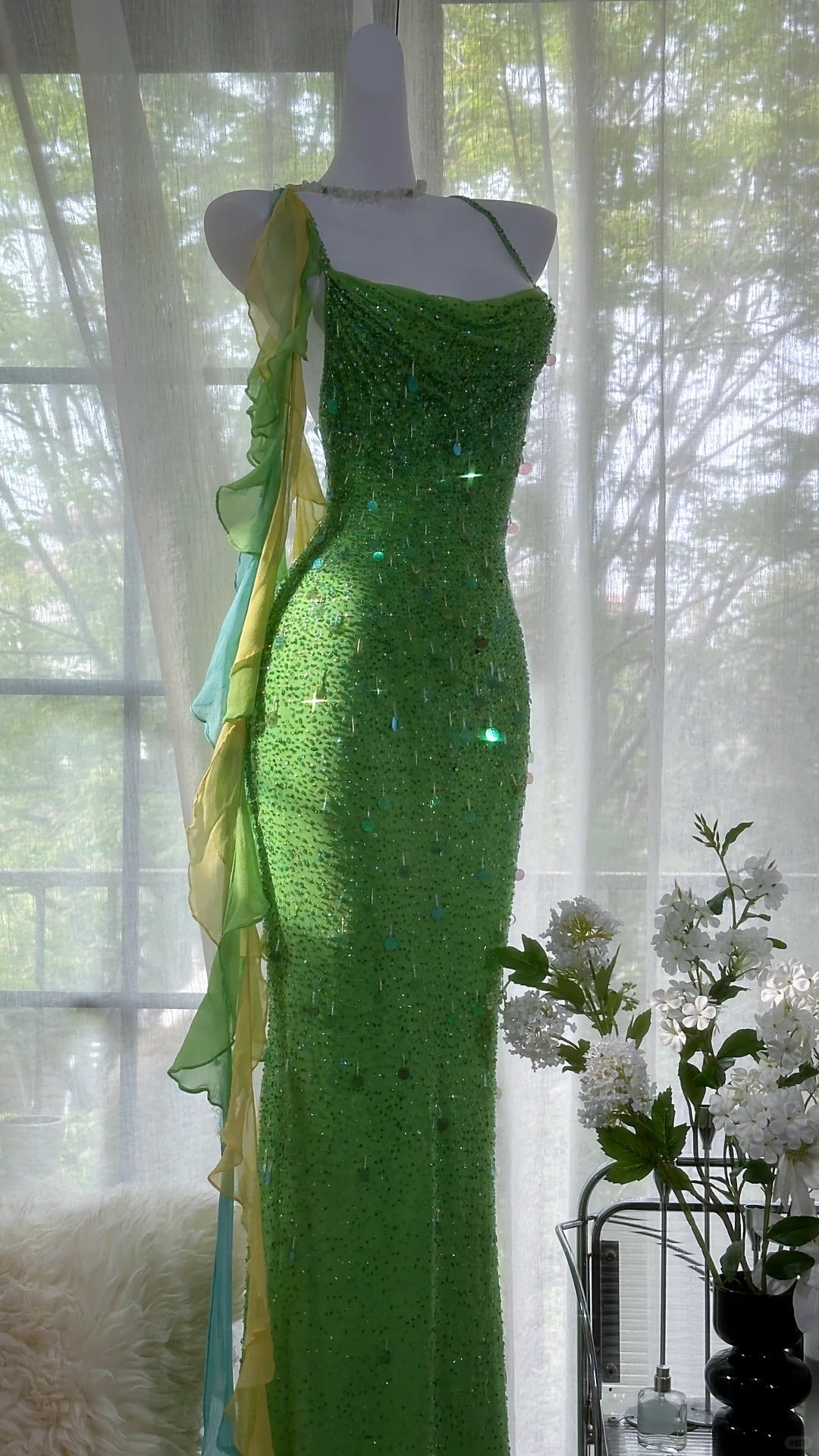 Shiny Full Beaded Heavy Green Mermaid Backless Evening Gown Prom Dress P3278