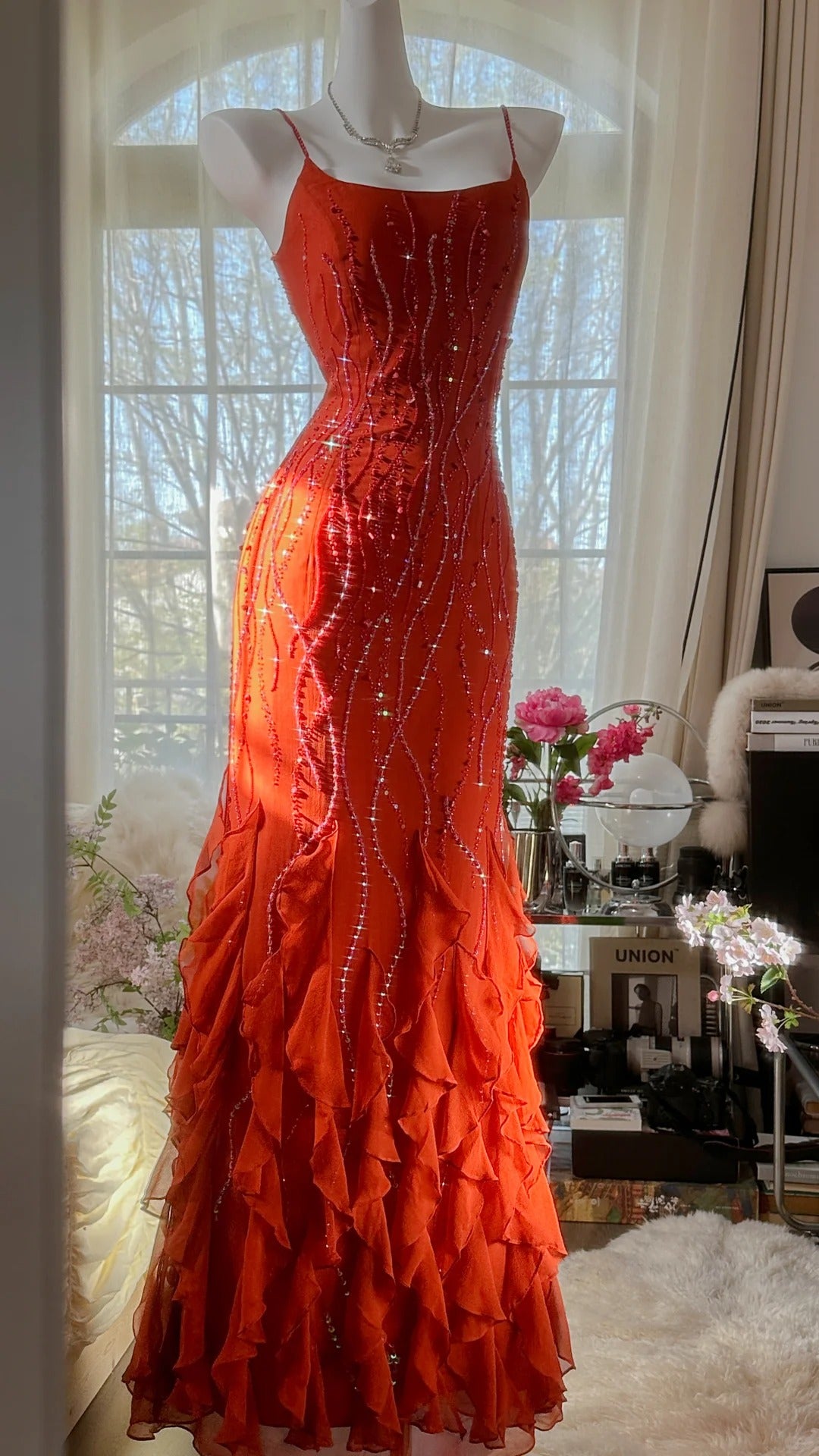 Gorgeous sunset orange chiffon beaded jellyfish skirt evening dress prom dress P3281