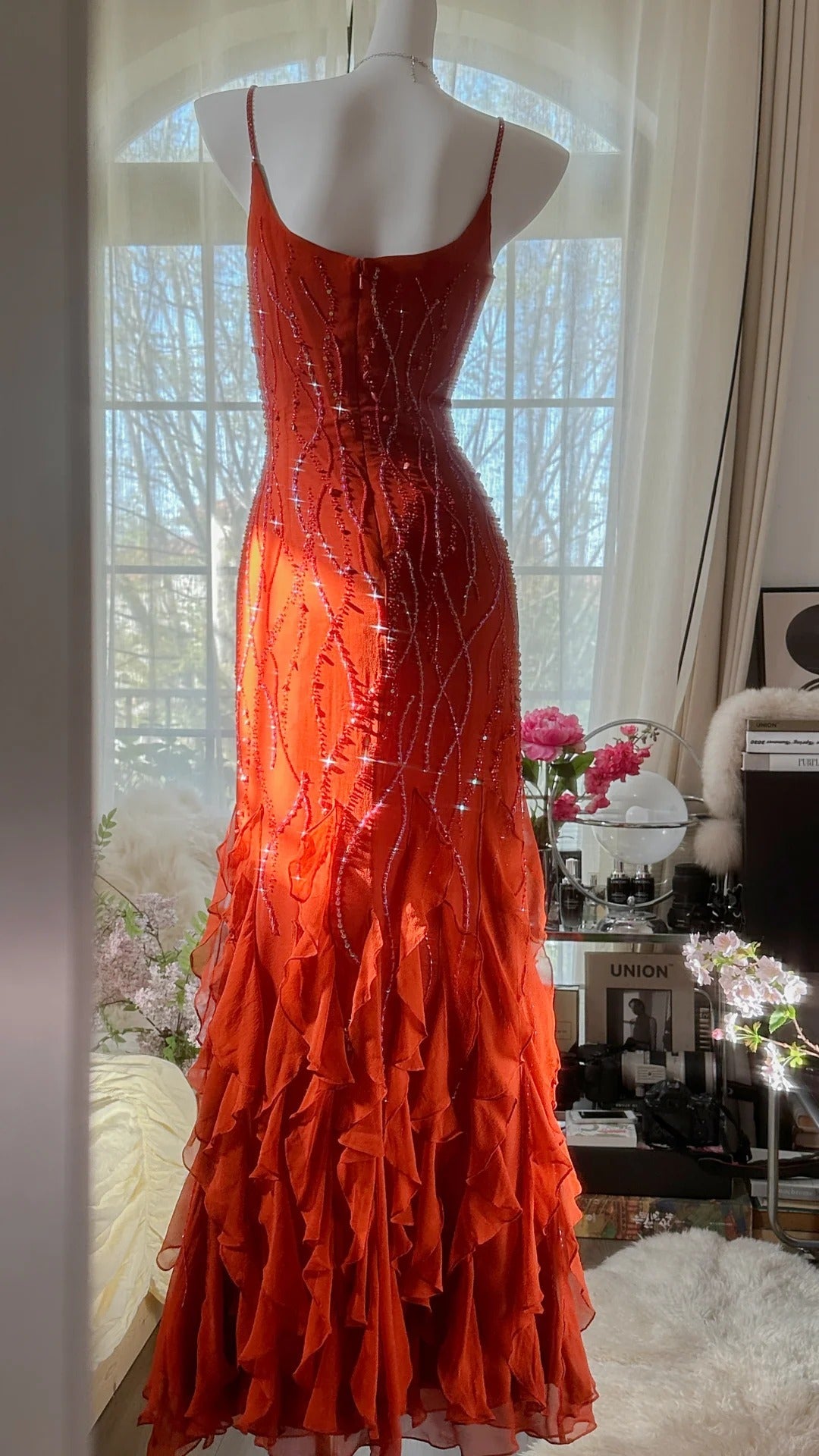 Gorgeous sunset orange chiffon beaded jellyfish skirt evening dress prom dress P3281