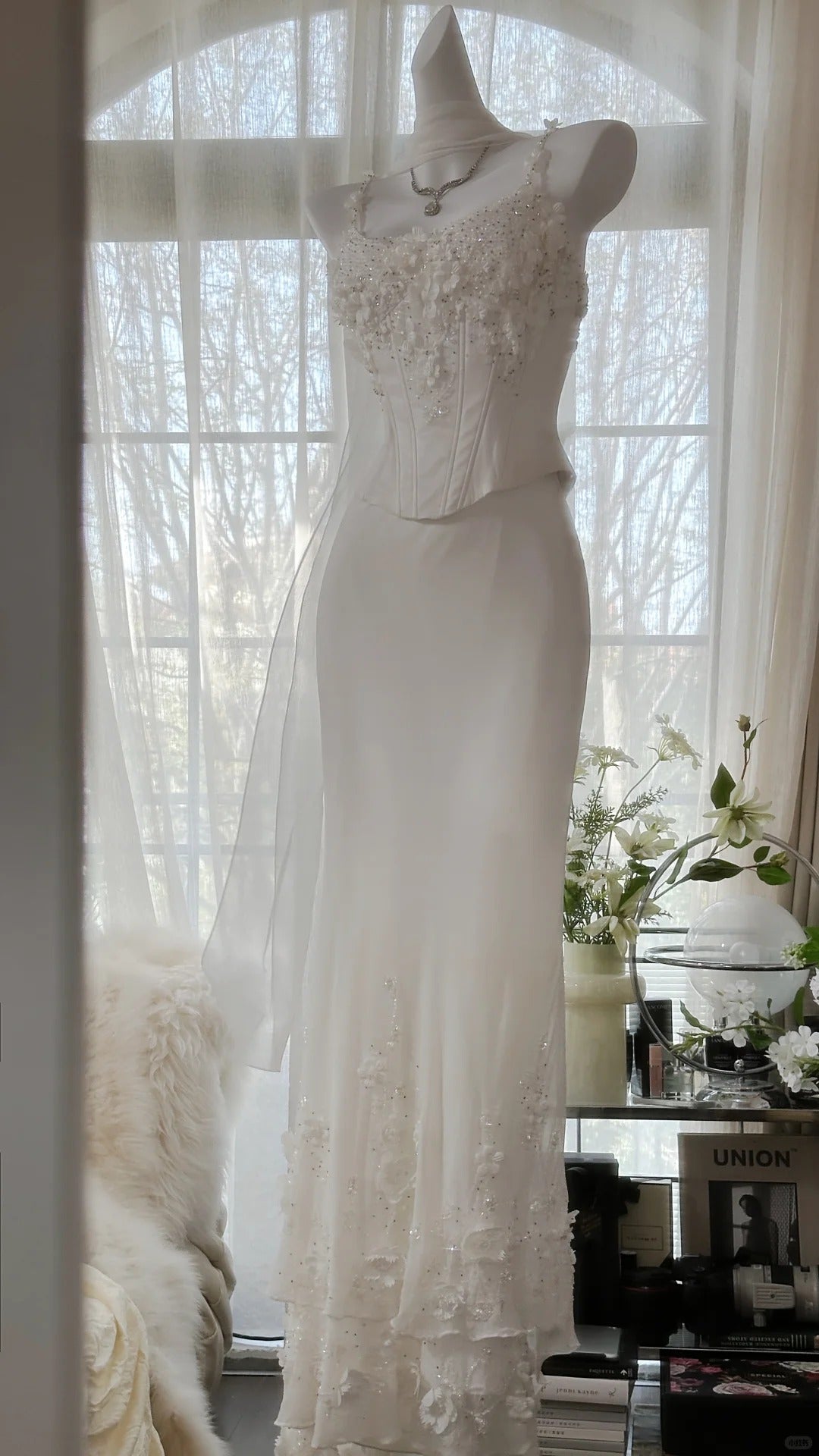 Elegant White Strap Herringbone Beaded Chiffon Evening Gown Prom Dress P3286