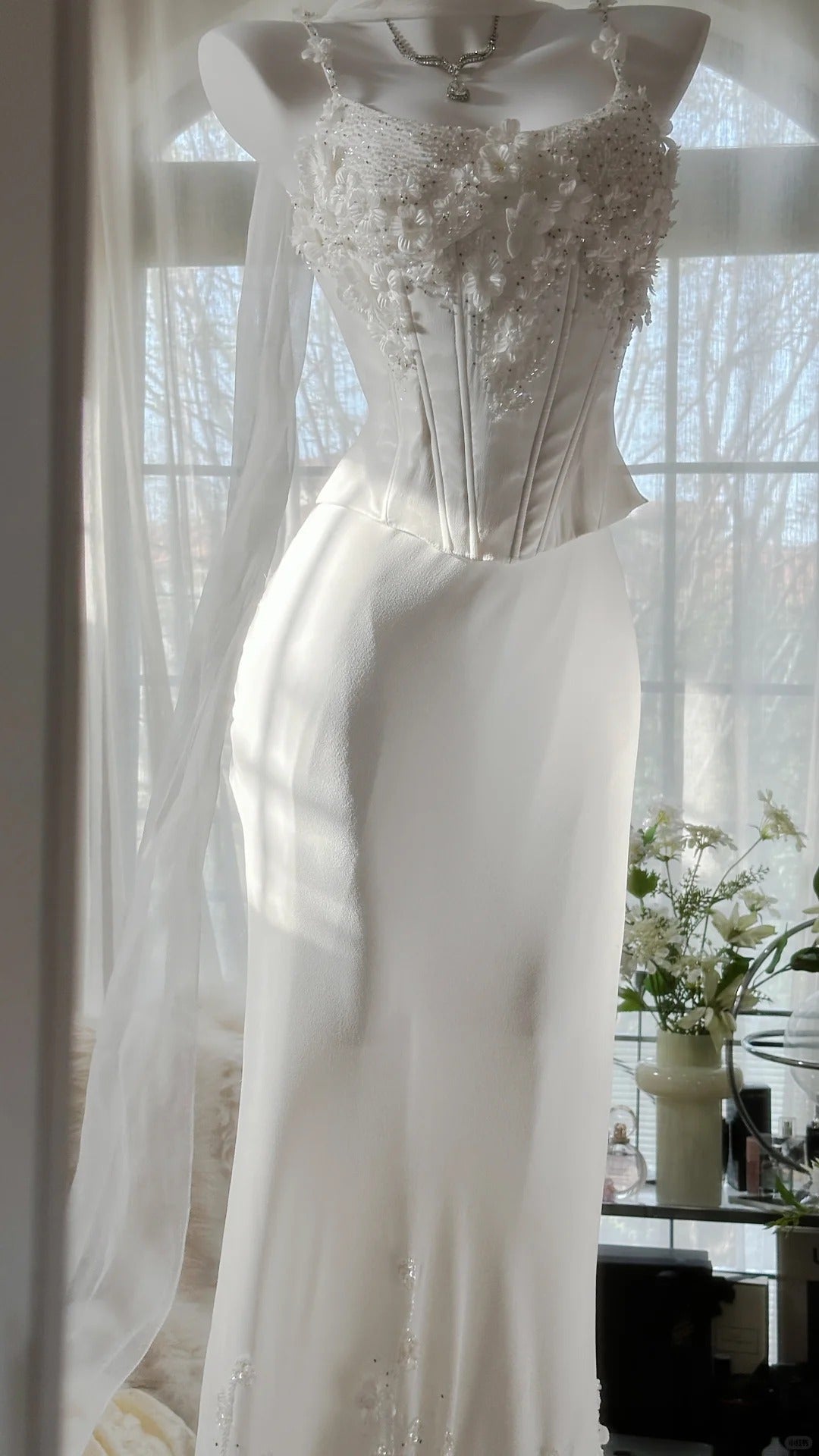 Elegant White Strap Herringbone Beaded Chiffon Evening Gown Prom Dress P3286