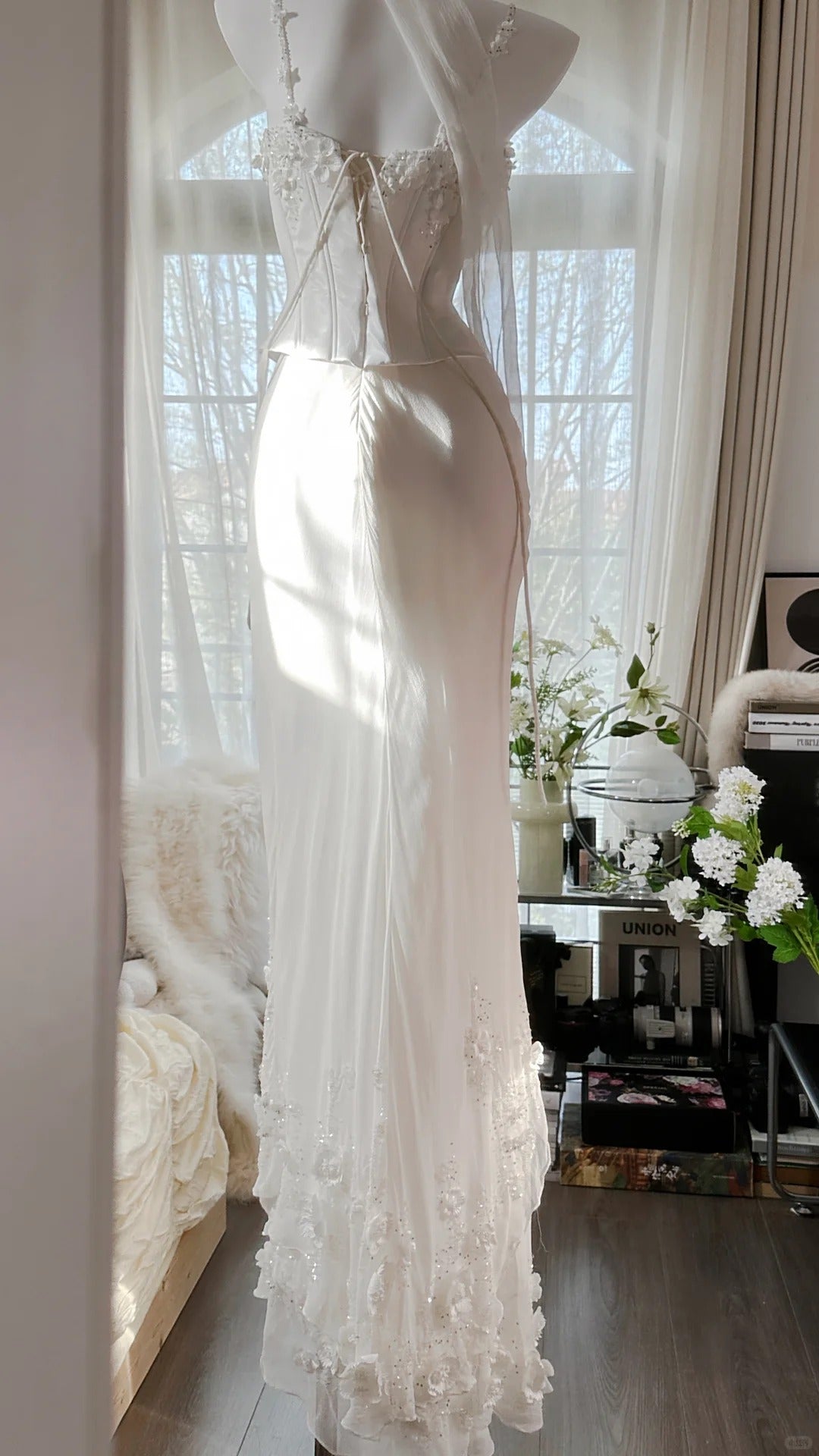 Elegant White Strap Herringbone Beaded Chiffon Evening Gown Prom Dress P3286