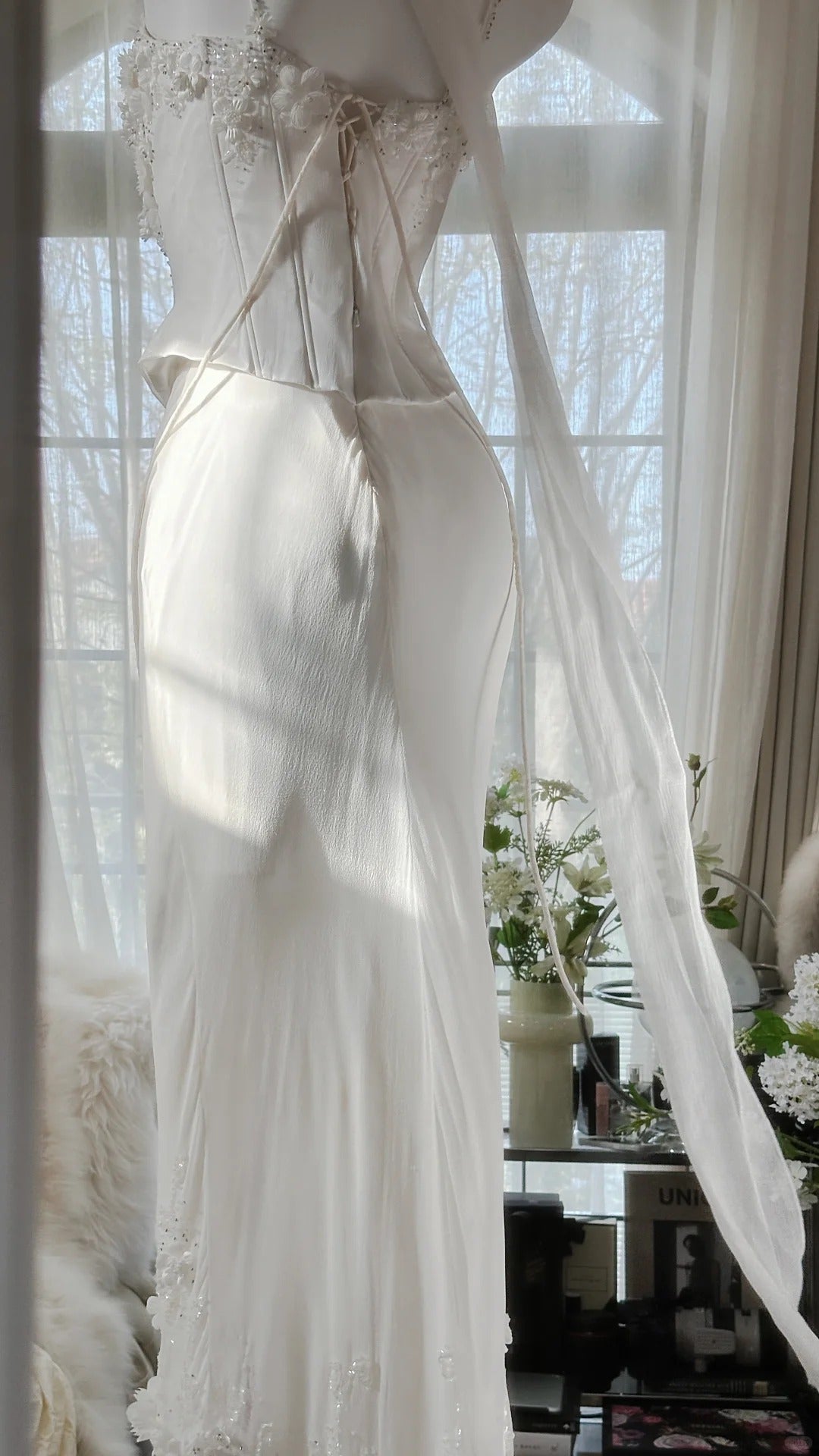 Elegant White Strap Herringbone Beaded Chiffon Evening Gown Prom Dress P3286