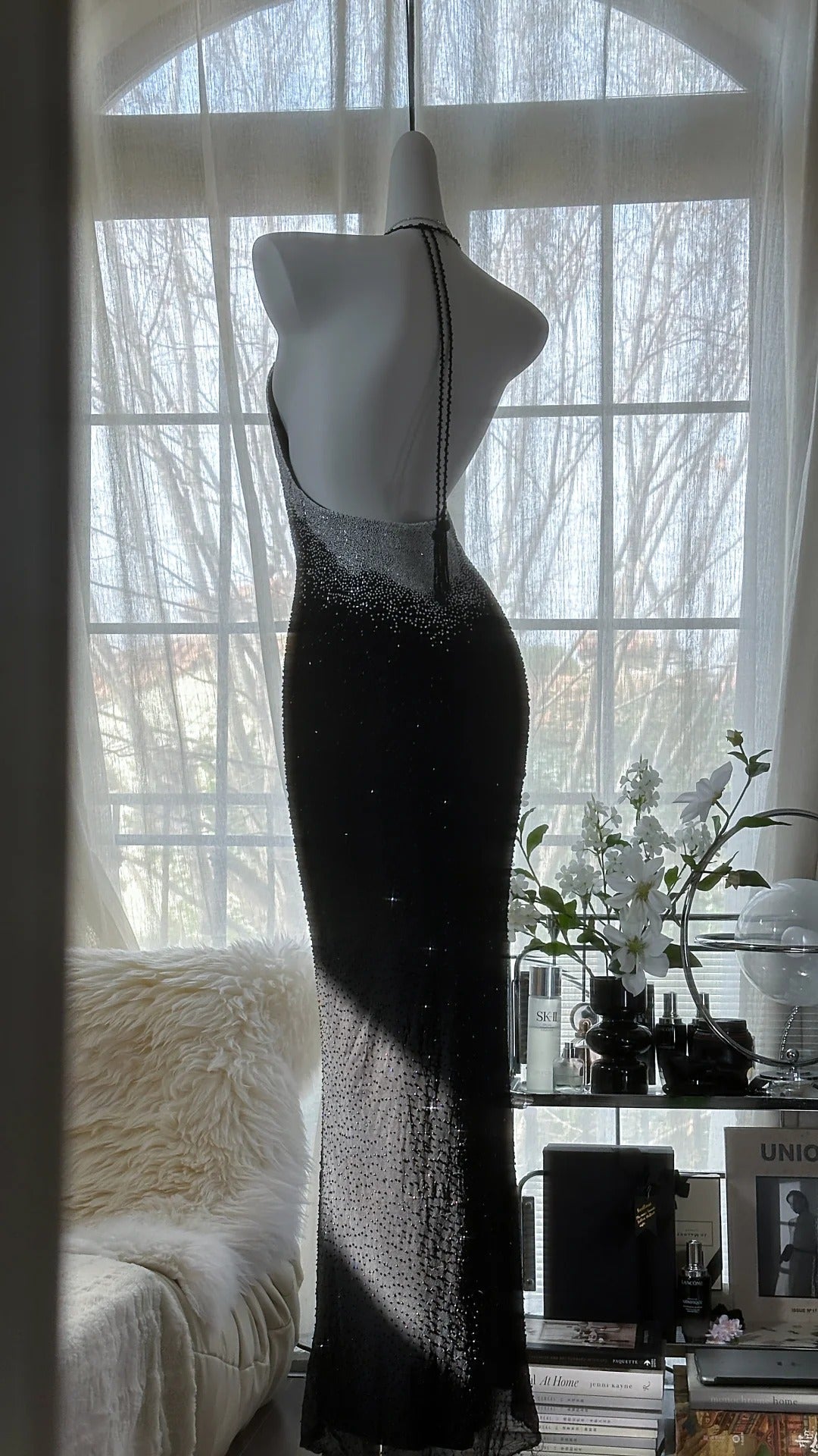 Sexy Halter Neck Backless Beaded Chiffon Black Mermaid Evening Gown Prom Dress P3287