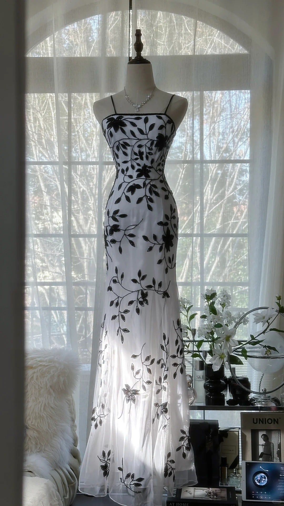 Vintage Bamboo Shadow Beaded Strap Chiffon Evening Gown Prom Dress P3296