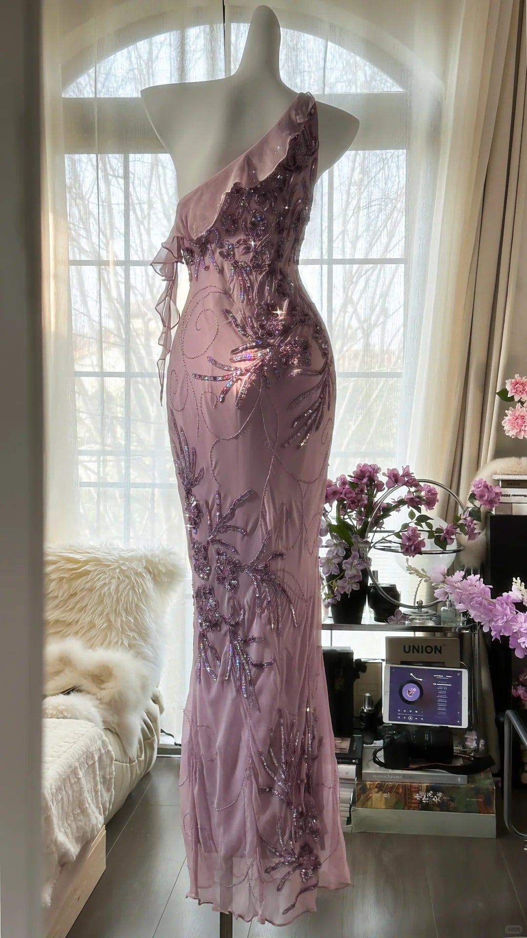 Pink Gradient Pink Fairy Beaded Chiffon Mermaid Evening Dress Prom Dress P3291