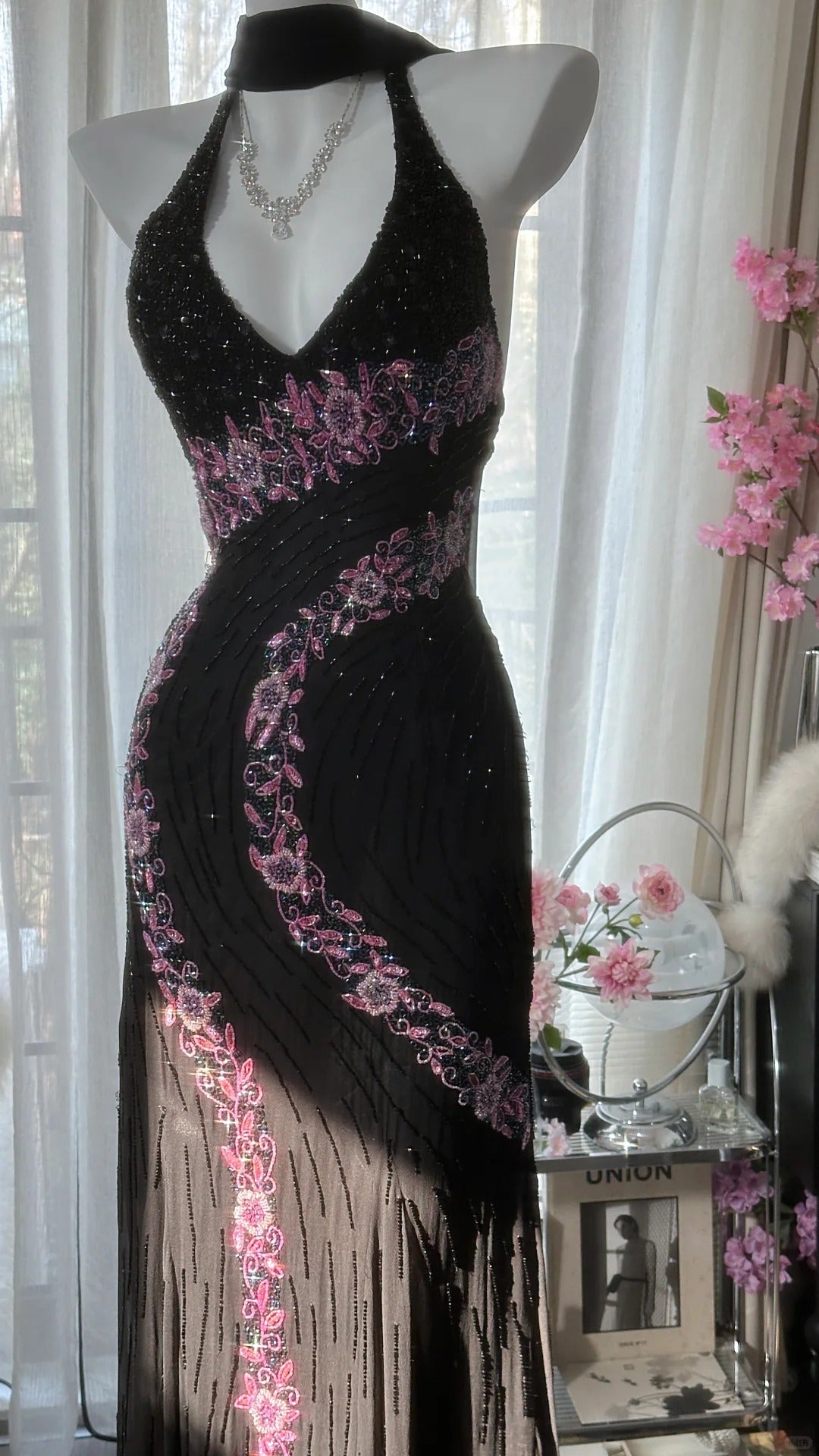 Vintage Black Pink Diamond Halter Neck Chiffon Mermaid Evening Gown Prom Dress P3300