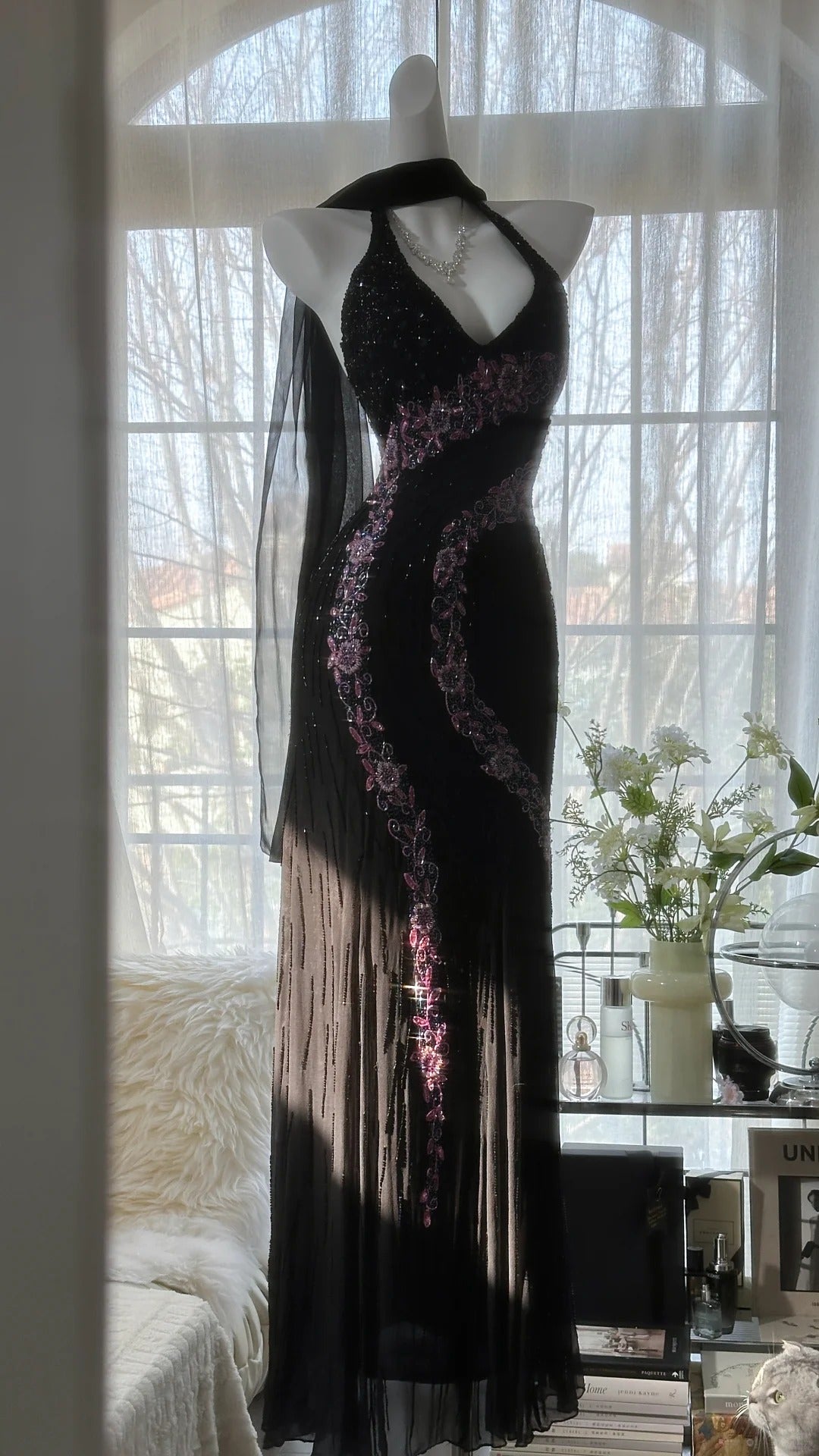 Vintage Black Pink Diamond Halter Neck Chiffon Mermaid Evening Gown Prom Dress P3300
