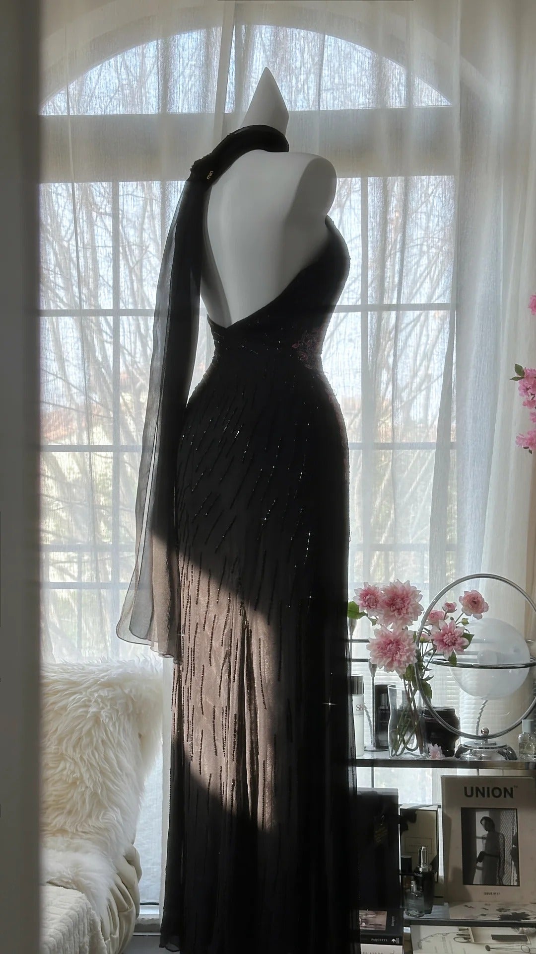 Vintage Black Pink Diamond Halter Neck Chiffon Mermaid Evening Gown Prom Dress P3300