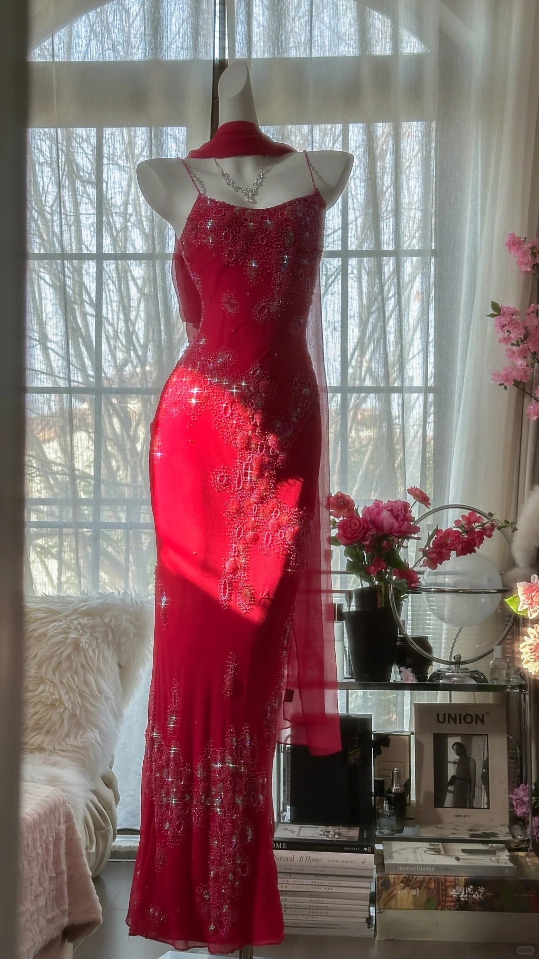 Shiny Beaded Red Mermaid Chiffon Evening Gown Prom Dress P3304
