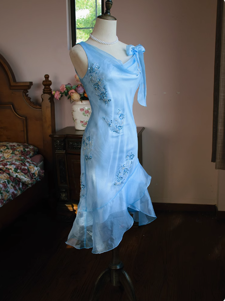 Cute Blue Beaded Ruffled Collar Birthday Party Homecoming Dress P3483