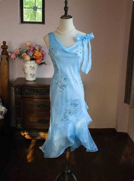 Cute Blue Beaded Ruffled Collar Birthday Party Homecoming Dress P3483