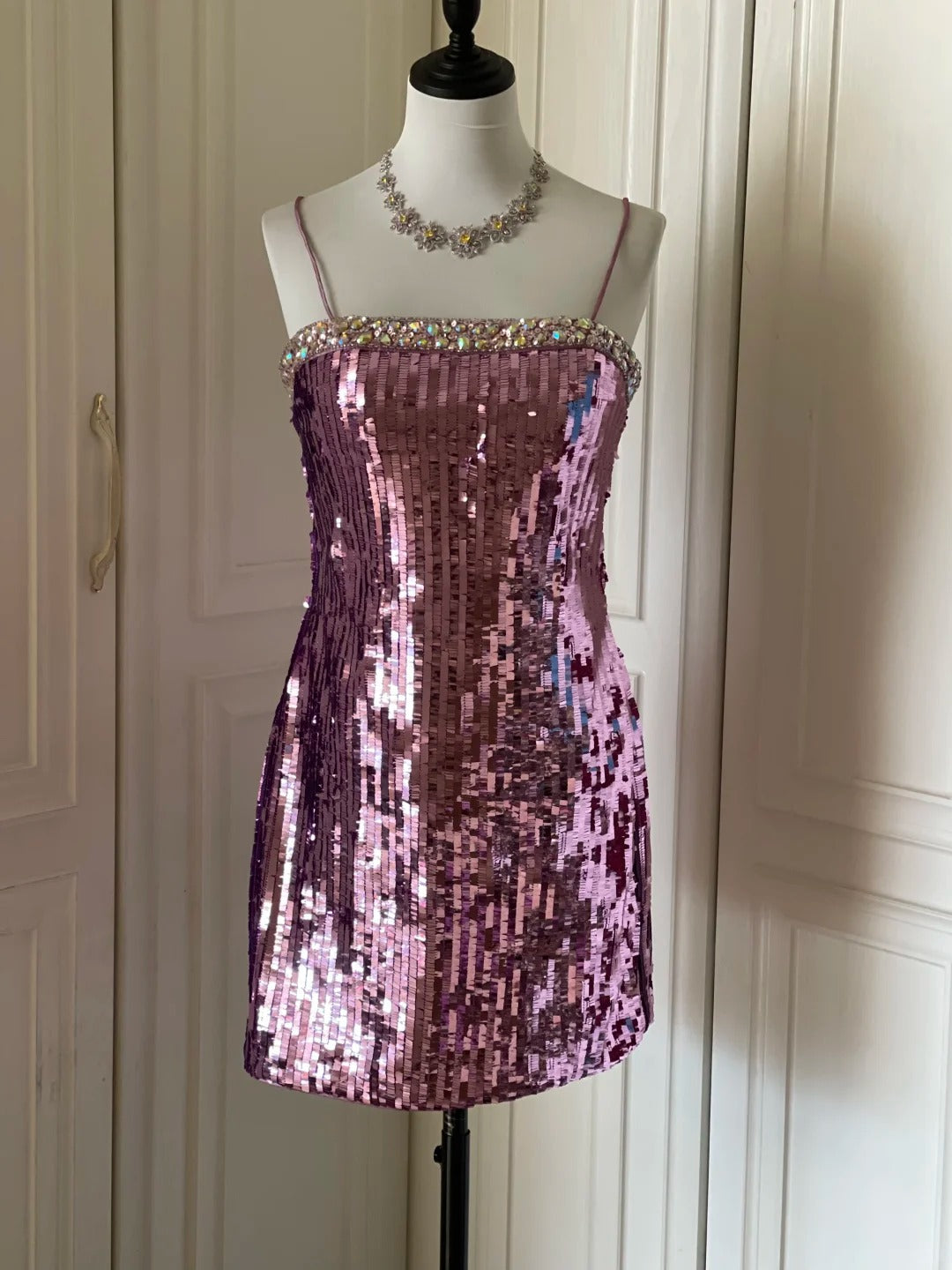 Sparkling Spaghetti Strap Purple Sequin Slim Fit Mini Birthday Party Homecoming Dress P3504