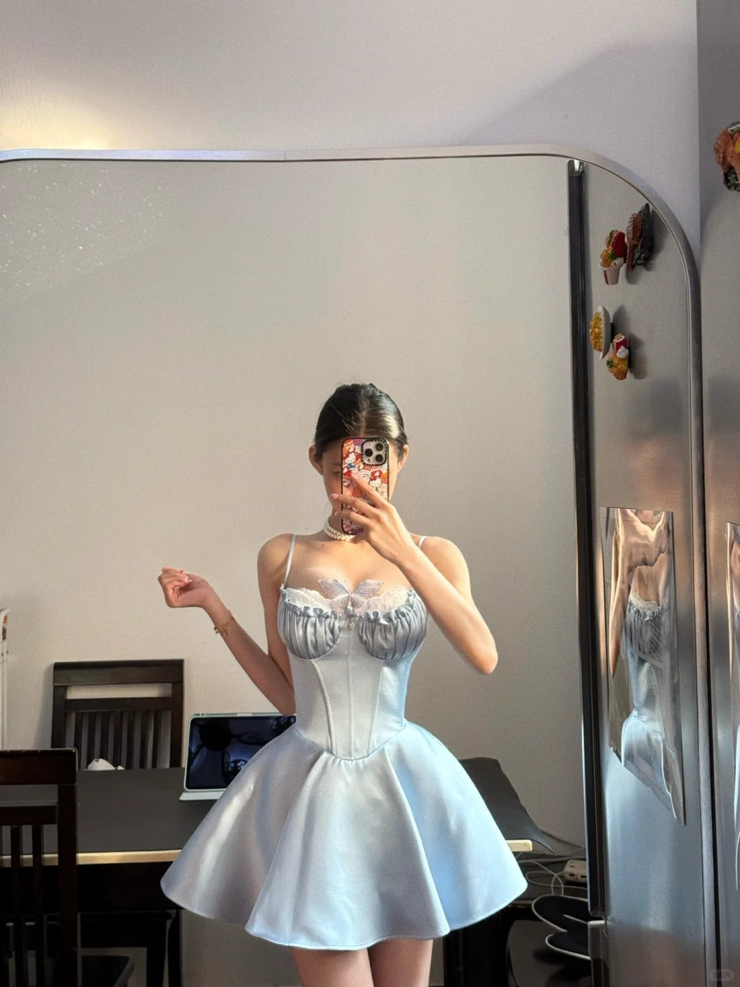 Sweet Light Blue Shoulder Strap Satin A-line Mini Birthday Party Homecoming Dress P3563