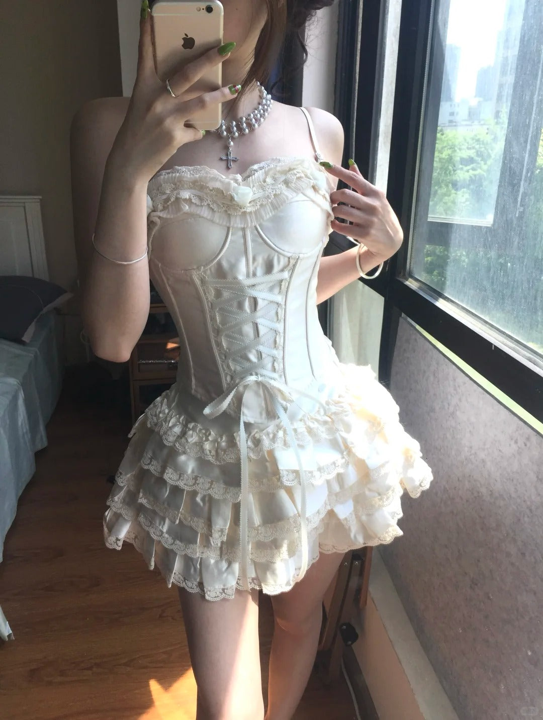 Vintage White Spaghetti Strap Corset With Satin Lace Trim 17th Birthday Homecoming Dress P3579
