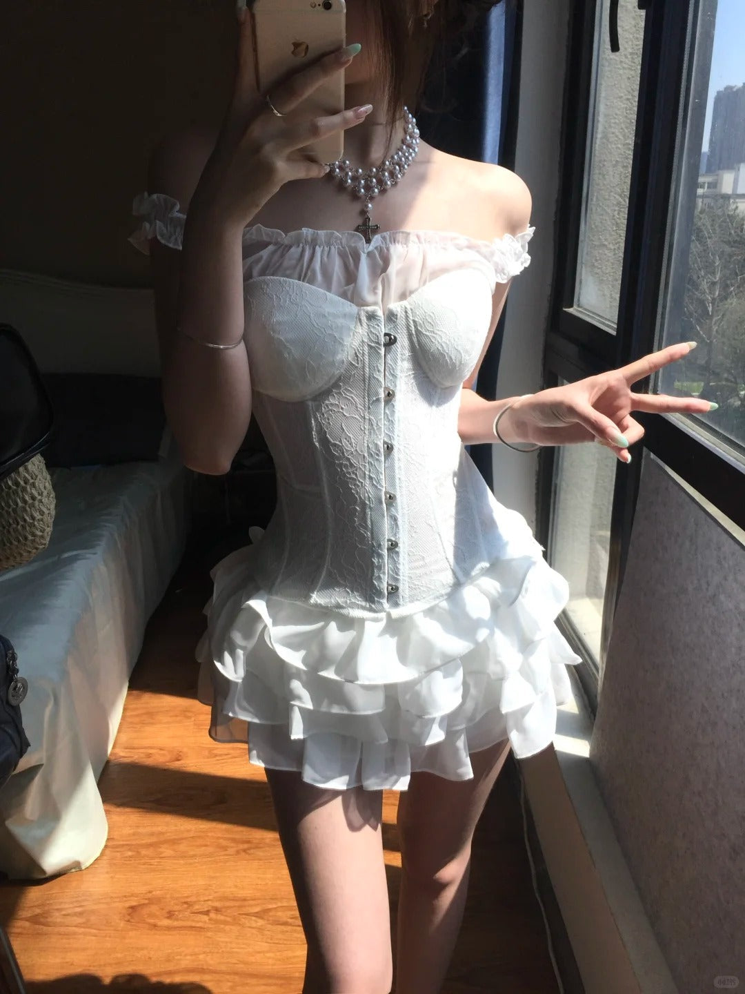 Sexy White Off Shoulder Corset Ruffled Mini Homecoming Dress P3583