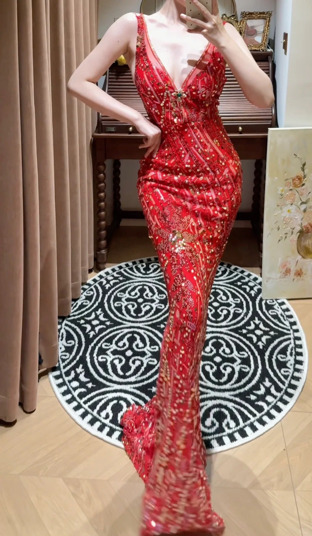 Beautiful Red Shoulder Strap V-neck Beaded Mermaid Evening Dress Prom Dress P3749