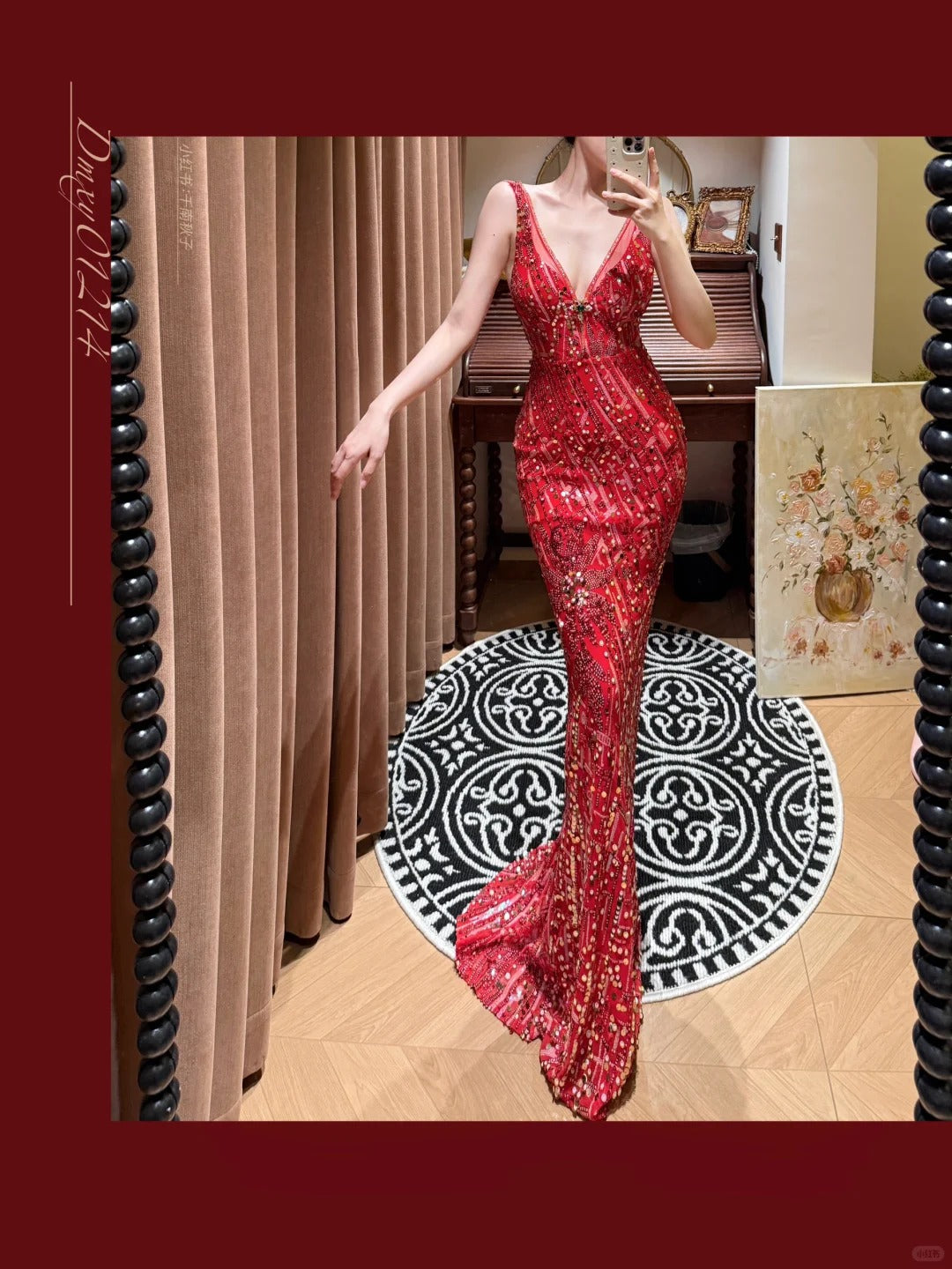 Beautiful Red Shoulder Strap V-neck Beaded Mermaid Evening Dress Prom Dress P3749