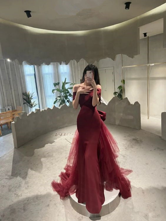 Mermaid Off Shoulder Evening Dress with Bow Burgundy Prom Dress