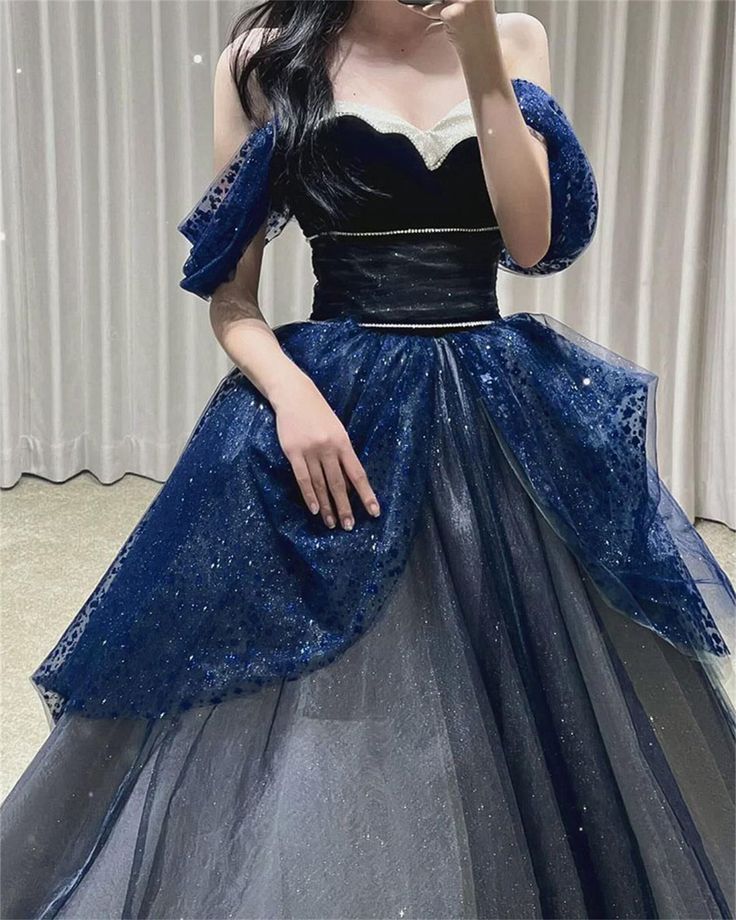 Gothic Glitter Blue Princess Tulle Prom Dress Blue Long Evening Dress