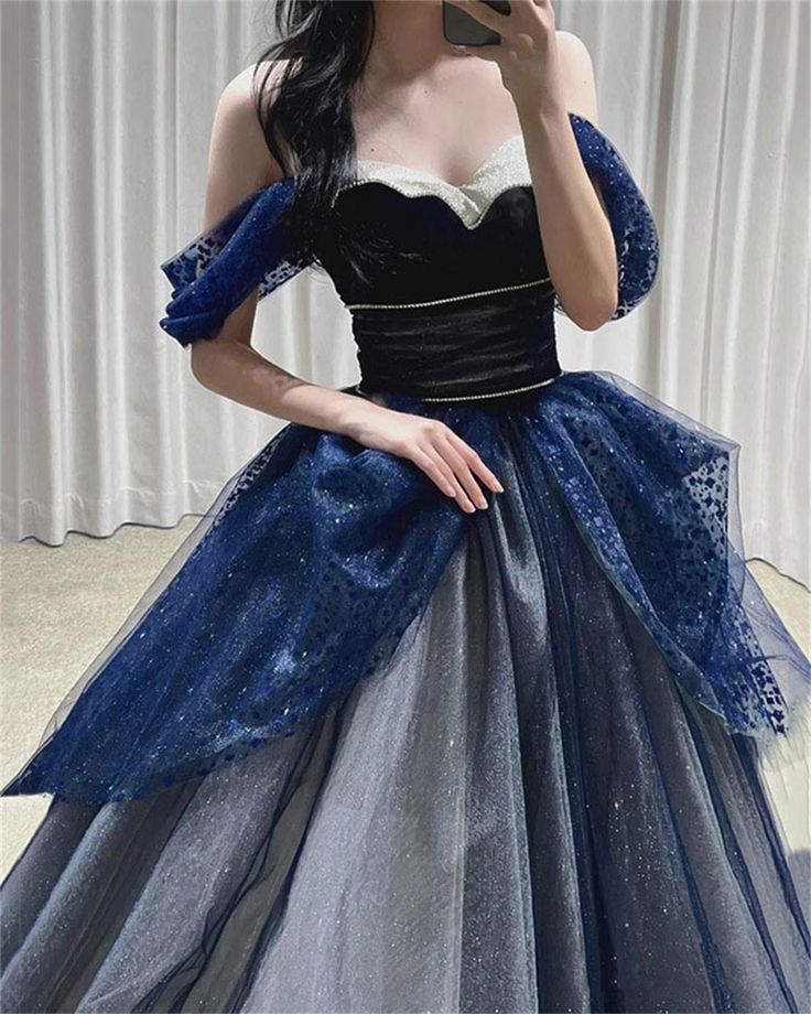Gothic Glitter Blue Princess Tulle Prom Dress Blue Long Evening Dress