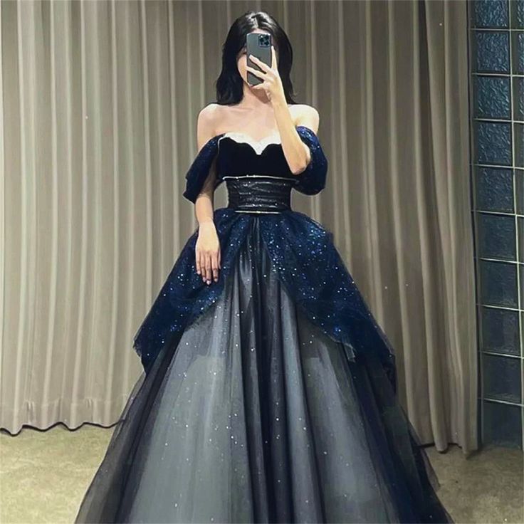 Gothic Glitter Blue Princess Tulle Prom Dress Blue Long Evening Dress