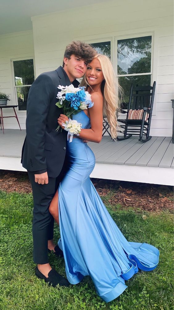 Sexy Mermaid Blue Slit Evening Prom Dress Birthday Outfits