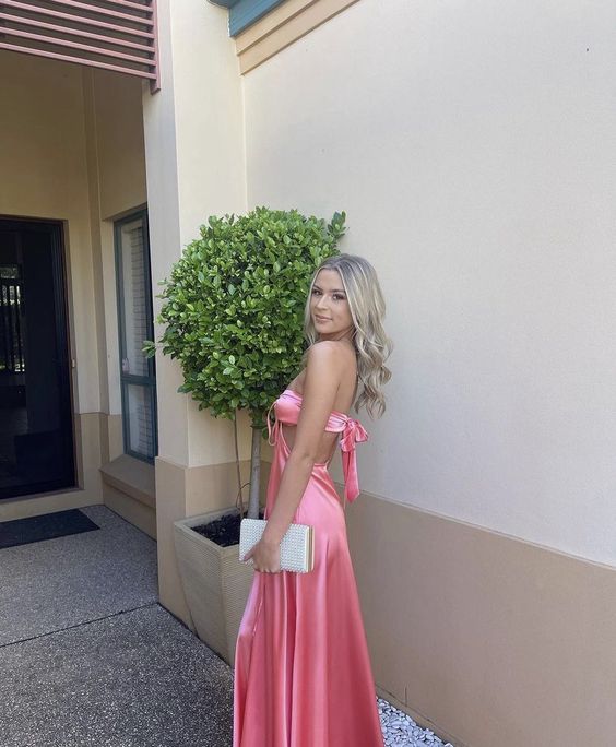 A line Pink Backless Evening Party Dress Long Pink Prom Dress
