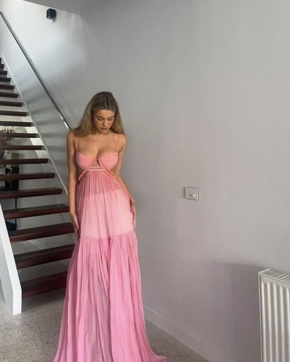 A line Pink Backless Evening Party Dress Long Pink Prom Dress