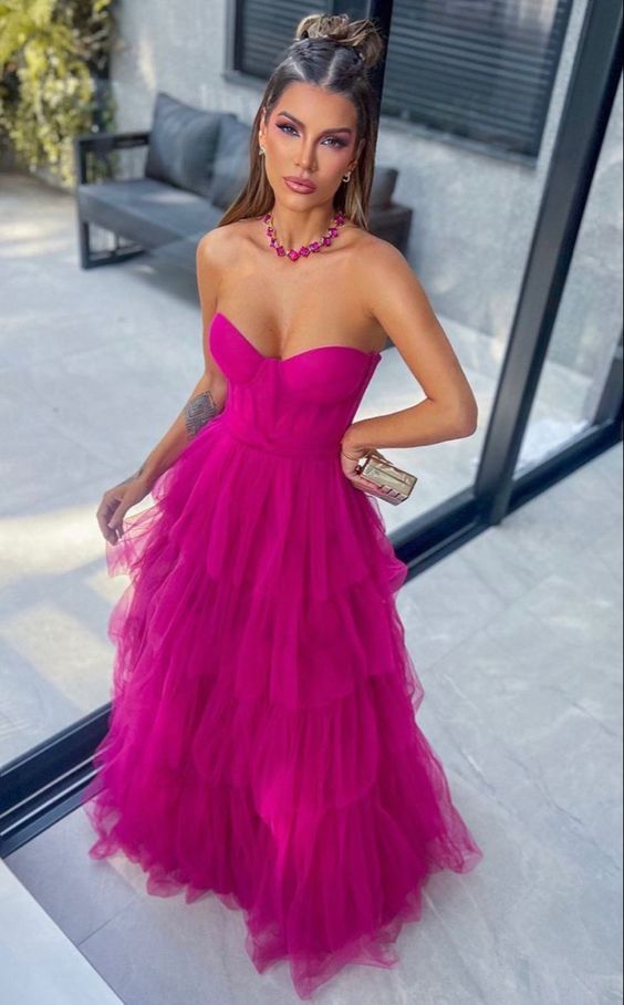 Ball Gown Hot Pink Sweetheart Tulle Party Dress Prom Dress
