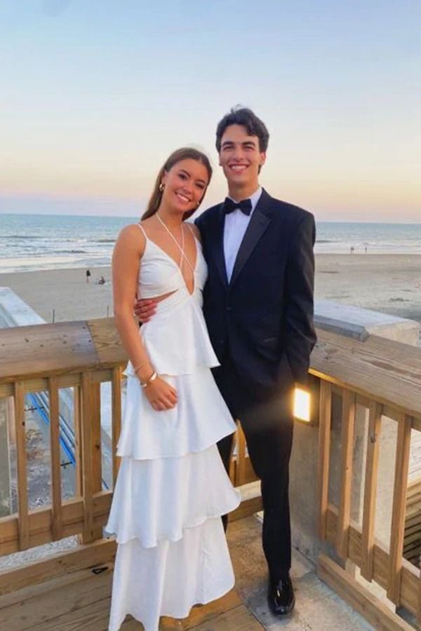 A line Straps White Party Dress Long Prom Dress