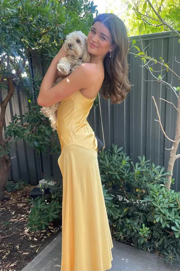 Sexy A line Spaghetti Straps Yellow Party Dress Slit Prom Dress